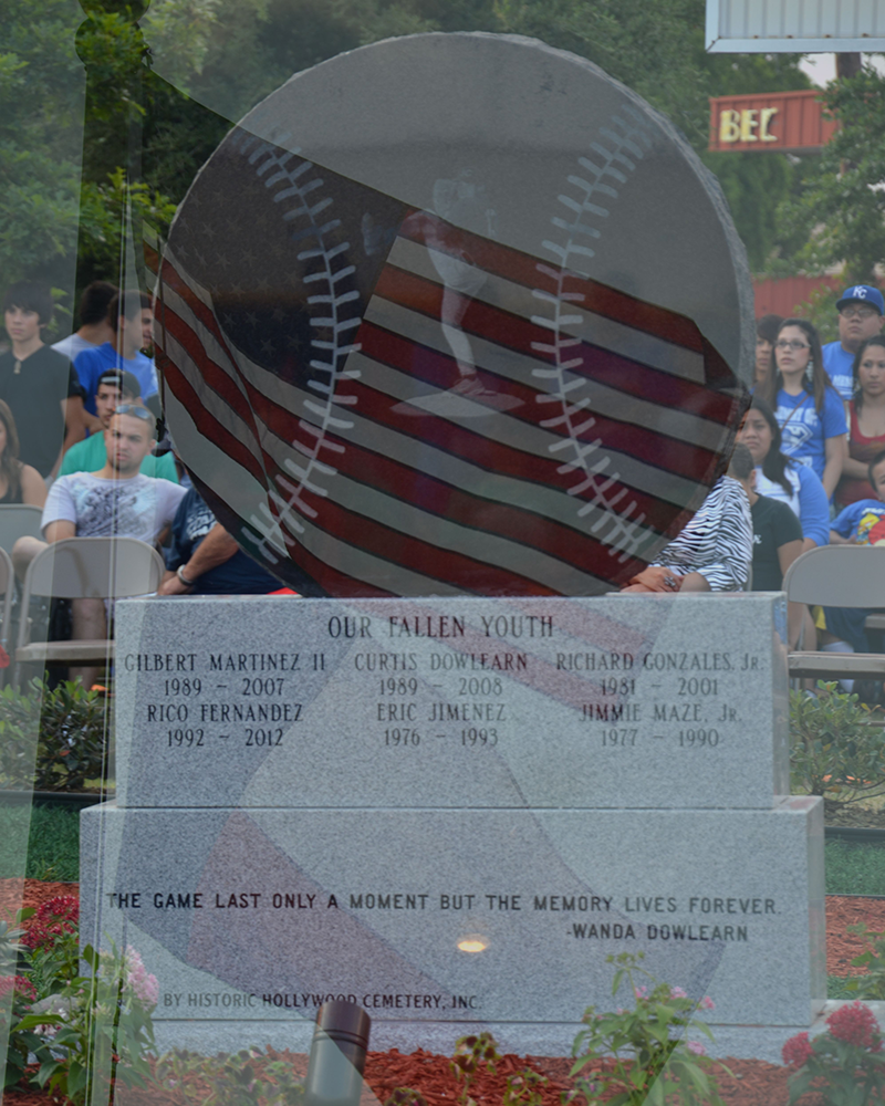 youth-memorial A memorial composed of a baseball image over a base with an inscription dedicated to youth whose lives were lost